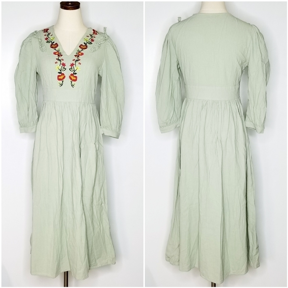 SHEIN  Size Small Green Cotton Floral Embroidered Balloon Sleeve Midi Dress